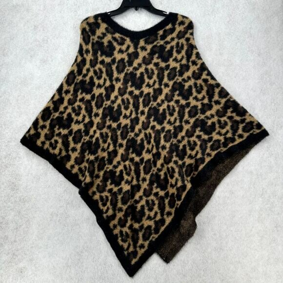 Simply Noelle Poncho Plush Furry Chenille Black & Tan Leopard One Size Sweater - Picture 2 of 8